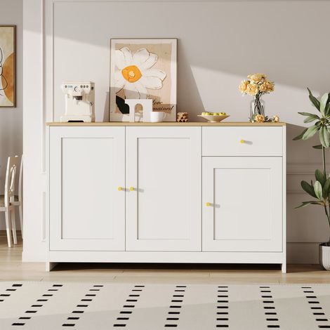 Sideboard avec rangement, commode 3 portes et 1 tiroir – Buffet pour salon et salle à manger – Couleur naturel et blanc – 120 × 40 × 75 cm