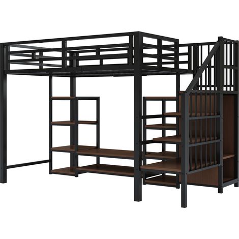Cama alta 90x200 cm con soporte para TV, toma de corriente y escalera de almacenaje (1/5)