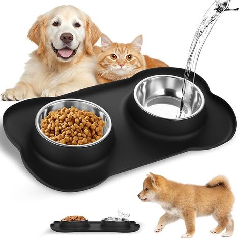 Stainless Steel Cat Bowl Mat, 36 x 21 cm Non-Slip Dog and Cat Bowl, Double Bowls Stainless Steel Water Bowls with Silicone Dog Bowl Mat (1/5)