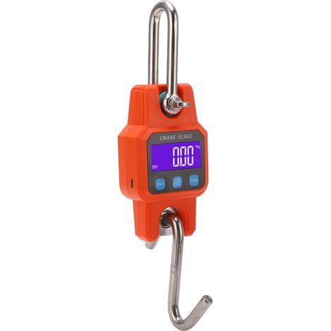 Digitale Waage bis 300 kg mit hintergrundbeleuchtetem Display, Hebehaken, orangefarbenes Industriegerät für Lagerhallen, präzise Hängewaage. (1/5)