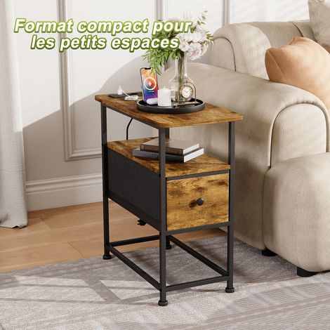 Tavolo d'Appoggio con Presa e USB, Tavolo da Divano con 1 Cassetto e Ripiano, Comodino Moderno Bianco, Tavolo Laterale per Divano Risparmio di Spazio, Marrone