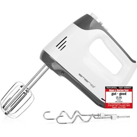 Batteur électrique 400 W - Fonction turbo - 5 vitesses - Fouets et crochets pétrisseurs en acier inoxydable - HM-130365 Blanc/Gris (1/5)