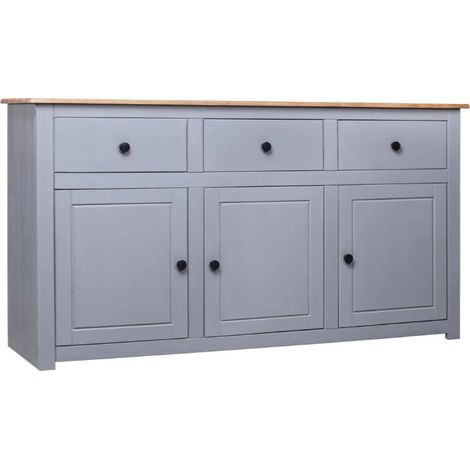 Buffet 3 portes 3 tiroirs en bois de pin massif Autika 135cm – Élégance rustique et praticité-Gris (1/5)