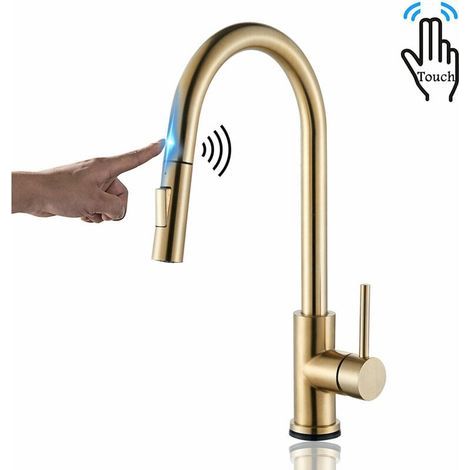 Gold Touch Sensor Küchenmischer – Wasserhahn für Küchenspüle – Ausziehbare Brause mit 2 Modi – 360° drehbar – Küchenmischer (1/5)