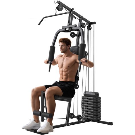 Station de musculation fitness avec 9 blocs de poids de 5 kg, 45kg au total, entraînement complet - 200 x 135 x 103 cm