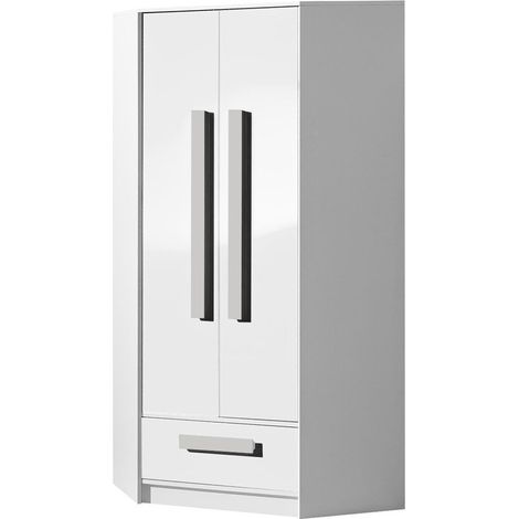 Armoire d'angle Merevari 103, Blanc + Blanc brillant + Gris, 191x87x87cm, Portes d'armoire: Avec des charnières, Nombre d'étagères: 3