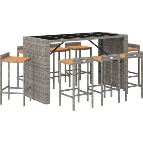 Set bar da giardino mobili da esterno terrazza 9 pezzi polyrattan grigio/legno massiccio di acacia 020013493