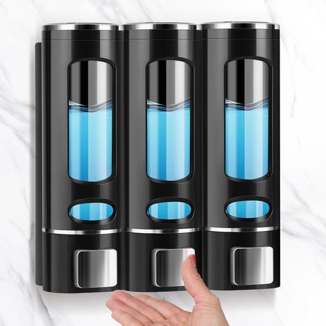 Set mit 3 Wandseifenspendern – 400 ml – Schwarz – Seifenspender – Spülmittelspender – Waschbeckenspender – Duschgelspender – Shampoo- und Lotionspender für Küche und Bad (1/5)