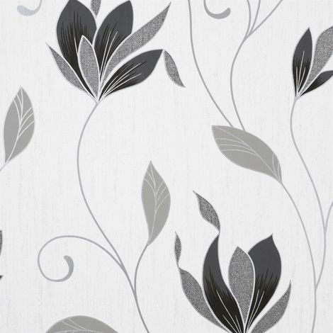 Crown Synergy Floral Black White Textured Luxury Vinyl Wallpaper Glitter Modern (1/4)