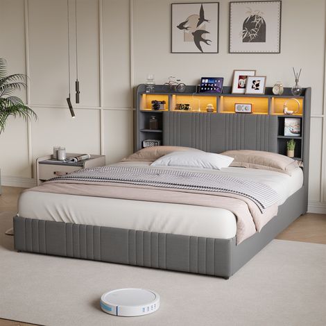 Bett mit Schubladen 160x200cm – Polster-Doppelbett für Erwachsene mit Lattenrost, LED, USB und Kopfteil mit Stauraum – Leinen – Grau