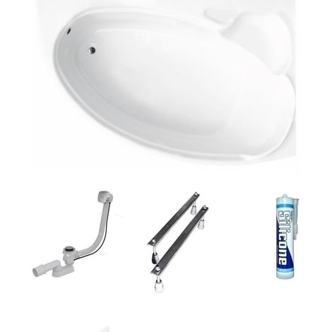 ECOLAM Baignoire d'angle en acrylique Finezja 155x95 cm  version droite  pieds siphon et silicone  Baignoire acrylique blanc  baignoire confortable (1/5)