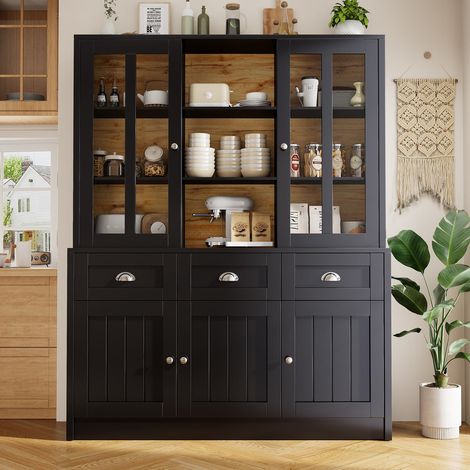 Armoire de salon noire 140 x 38,5 x 175 cm vitrine avec tiroirs design minimaliste séjour (1/5)