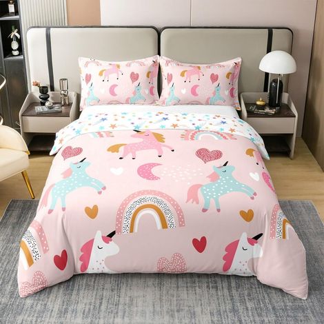 Parure De Lit Enfant Licorne Filles Housse De Couette 140x200cm Coton Parure Lit Arc-en-Ciel Adolescent Bébé Rose Literie Femme Mignon Licorne Chevaux Beau Motif - 140 x 200 cm + 1 taie d'oreiller 65 (1/5)