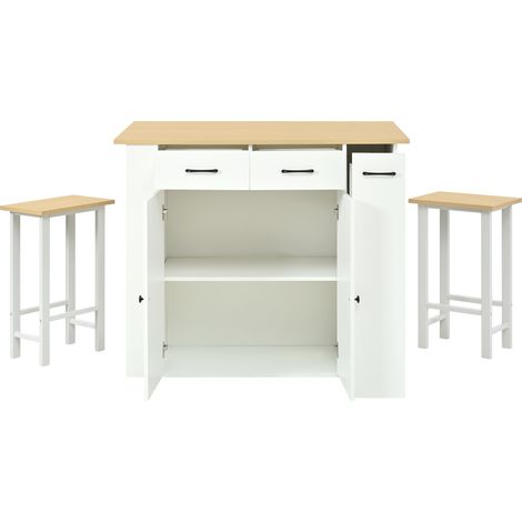 GagaÎlot de cuisine extensible avec étagères réglables et tiroirs, îlot avec prises électriques et deux chaises, idéal pour cuisine et salle à manger (Blanc) (1/5)
