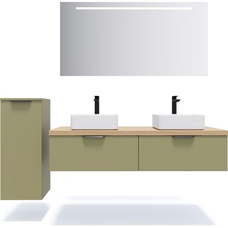 Meuble de salle de bain suspendu 2 vasques à poser 140cm 2 tiroirs Vert olive + miroir + colonne ouverture gauche - Soho (1/5)