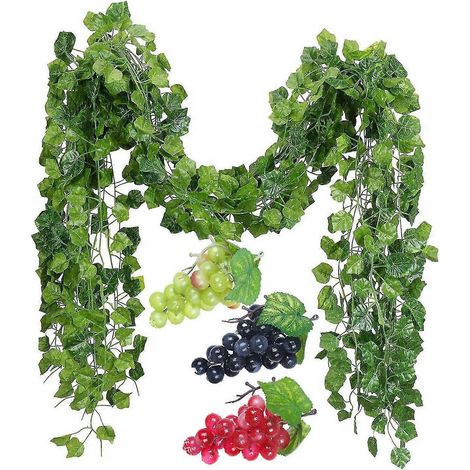 12 brins de vigne artificielle et de lierre avec 3 grappes de raisin pour décoration murale de mariage ou de maison (1/5)