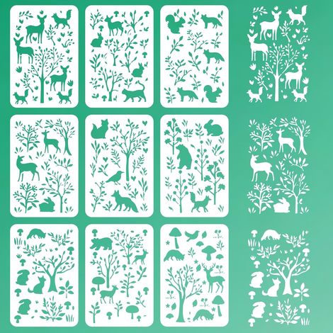Lot de 9 pochoirs muraux réutilisables en forme d'animaux de la forêt de 30 x 20 cm - Motif cerf, renard, lapin, oiseau, branche d'arbre, papier peint à faire soi-même pour meubles en bois de (1/5)