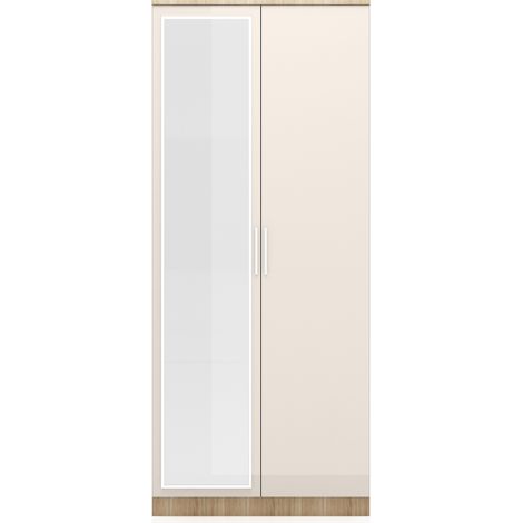ELEGANT High Gloss 2 Doors Wardrobe with Mirror, Soft Close Hinge Mirrored Wardrobe Cabinet, Bedroom Furniture Set with Hanging Rod and Storage Shelves, Cream/oak (1/5)