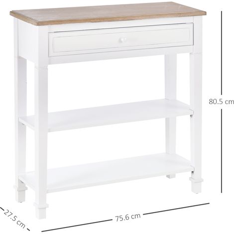 Console blanche et imitation bois avec tiroirs et deux étagères, console gain de place pour l'entrée (MDF), 75,6 x 27,5 x 80,5 cm (1/5)