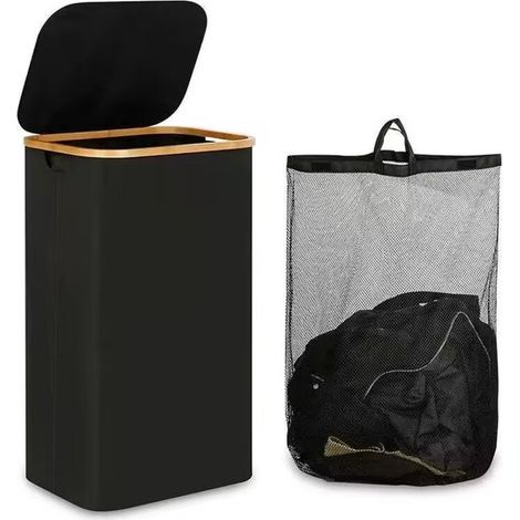 Cesto portabiancheria con coperchio, pieghevole, con sacco interno removibile, adatto per camera da letto e bagno, nero. (1/5)