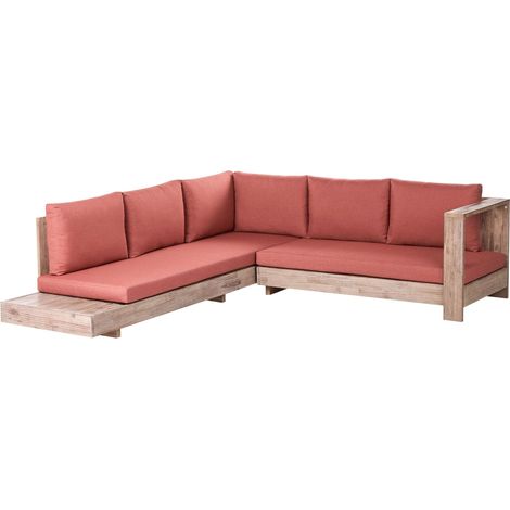 Outdoor Corner Sofa Set Light Certified Acacia Wood with Red Cushions Left Hand 5 Seater Lounge Set with Side Table MARETTIMO (1/5)