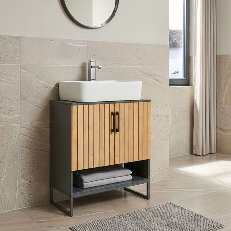 Meuble sous lavabo Svanes avec 2 compartiments et étagère 70 x 60 x 30 cm gris foncé naturel [en.casa] (1/5)