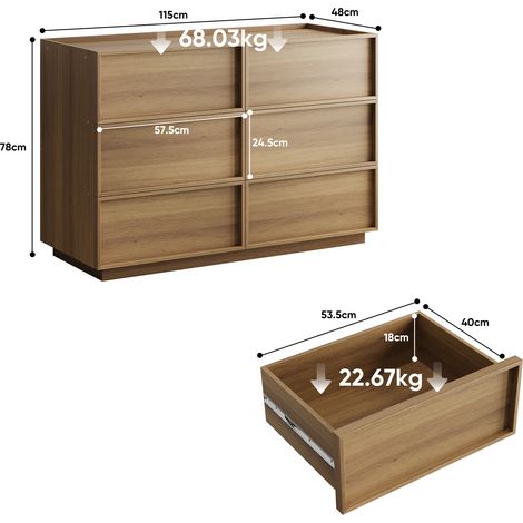 Commode chêne 6 tiroirs, meuble de rangement moderne en bois pour salon, chambre ou couloir, 115 x 48 x 78 cm, armoire coiffeuse