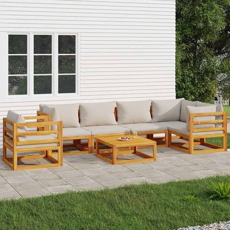 7 pcs Salon de jardin, Ensemble table et chaises de jardin, Meuble de jardin avec coussins gris clair bois massif MKW826263 (1/5)