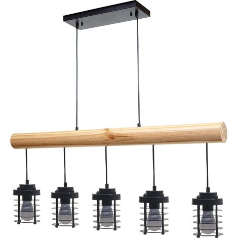 Lampe à suspension HWC-H83, métal industriel, bois massif, noir 5x abat-jours cage (1/5)