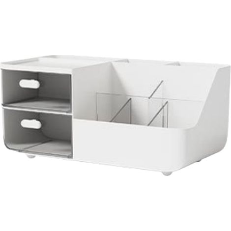 Organisateur de Maquillage Générique Blanc 2 Tiroirs Boîte de Rangement Cosmétique en Plastique Transparent pour Bureau et Salle de Bain Compacte (1/5)