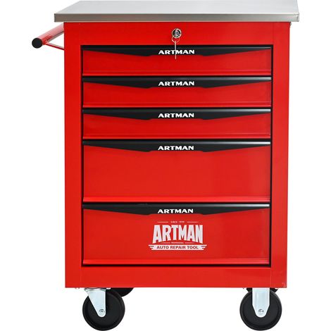 Chariot roulant 5 tiroirs pour garage et atelier, structure métallique avec dessus inox, rouge et noire