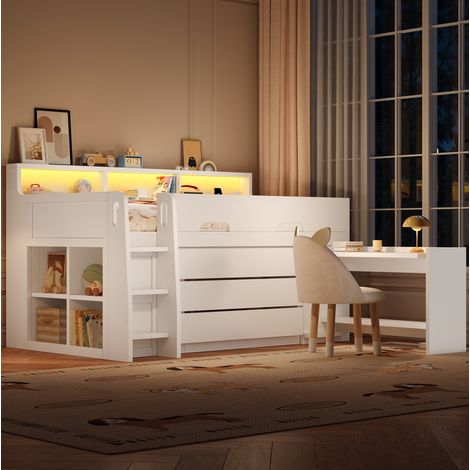 Letto a soppalco basso moderno 90x200 cm in MDF e compensato bianco, con 3 cassetti, 7 ripiani, scrivania mobile e LED (1/5)