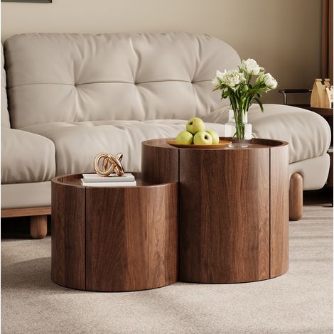 MODFU – Mesa de centro redonda 77,5x47,5 cm con compartimento, cajones, puertas curvas y bisagras silenciosas para salón – Nogal