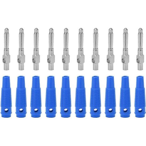 Lot de 10 fiches bananes en cuivre 7 broches de 4 mm, 1000 V 32 A, empilables, avec gaine souple et capuchon à vis, bleues (1/4)