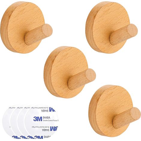 4 Pièces Patères Portemanteaux en Bois, Crochets Muraux Adhésif Porte Manteau Mural Bois Crochet en Bois Multifonctionnel Patère Murale pour Entrée Couloir Salon Chambre, Rond (1/5)
