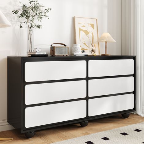 REDOM Commode 140x38x74.5cm six tiroirs spacieux panneau de particules stable blanc et noir (1/5)