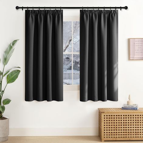 Rideaux Thermique Occultant Court, Draperies Galon Fronceur Lumineux Bloquer Decoration pour Cuisine Chambre, Largeur 140 x Hauteur 160 cm, Noir, 2 Pièces (1/5)