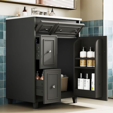 Meuble sous vasque avec vasque en céramique intégrée - meuble de salle de bain autoportant noir -  moderne à tiroirs et porte,  61x47x87 cm (1/5)