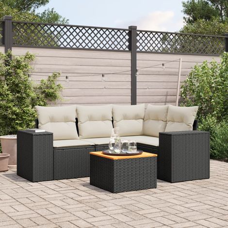 Ensemble Salon Jardin 5 Places Résine Tressée Noir avec Coussins Crème - Table Acacia - Modulable Extérieur (1/3)