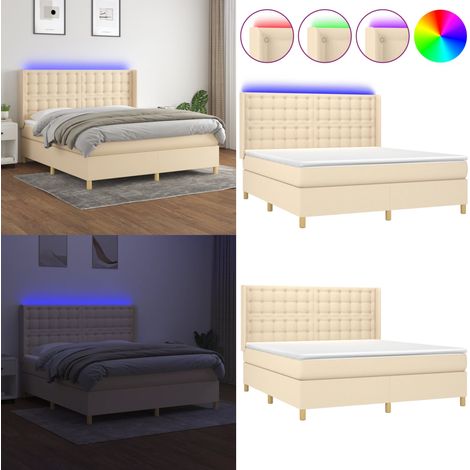 Sommier à lattes de lit matelas et LED Crème 180x200 cm Tissu - Sommier Tapissier - Lit Plateforme - Lit Avec Led - Matelas À Ressorts Ensachés - Têtière Ajustable - Home & Living (1/5)