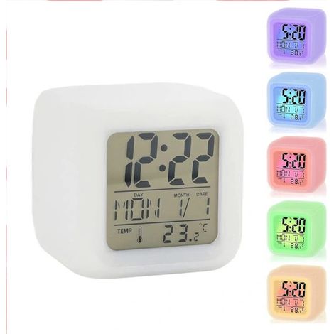 LED-Nachttischwecker, 7-Farben-Display, Digitaluhr mit Schlummerfunktion, Hintergrundbeleuchtung für Temperatur, Uhrzeit und Datum