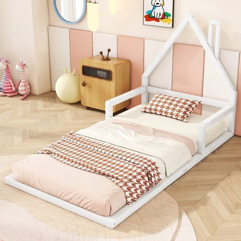 Camas cabaña 90x200 cm, cama individual infantil con somier de láminas de pino macizo, color blanco, sin colchón (1/5)