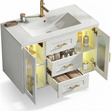 ELVMI Mobile Sottolavabo Sospeso con 2 Cassetti, 2 Armadietti, Ripiani Regolabili e LED MDF Bianco 76 x 46 x 55 cm (1/5)