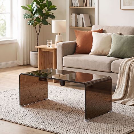 Table Basse en Verre, Table de Salon Rectangulaire Design Moderne avec Bords Arrondis Sûrs, Marron Transparent (1/5)