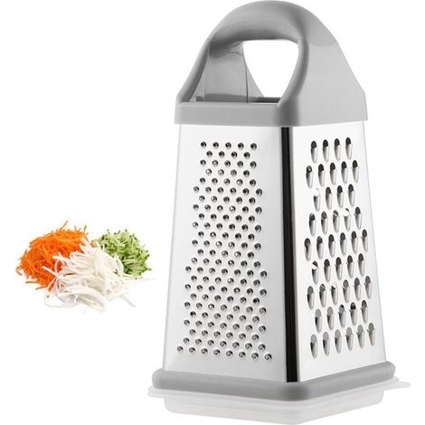 Râpe en acier inoxydable à quatre faces, ustensile de cuisine multifonctionnel, trancheuse à légumes, trancheuse à fromage, poignée antidérapante avec boîte de rangement pour les légumes. (1/5)