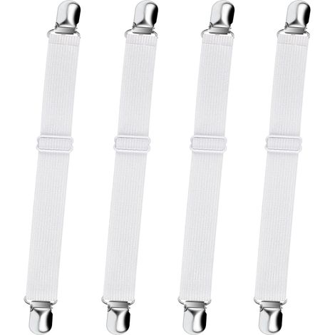Drap-housse élastique ajustable avec sangles de fixation, sangles de fixation aux coins, clips antidérapants, blanc, lot de 4 (1/5)