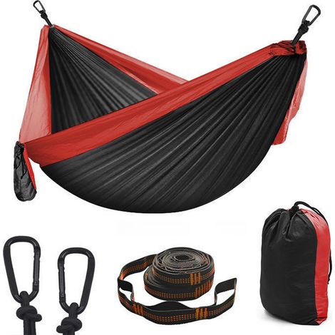 Hamac d'extérieur portable en nylon pour 2 personnes avec sangles d'arbre et mousquetons en alliage d'aluminium (270 x 140 cm). (1/5)
