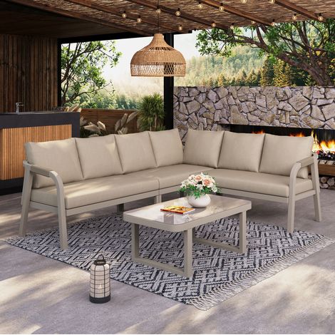 Ensemble de jardin en acier et polyester, 6 places, beige, avec canapé d’angle et table basse en verre (1/5)