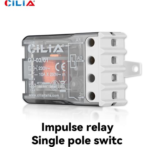Relais à impulsions CILIA 230V 10A 1NO contacts AgNi montage panneau industriel robuste certifié CE pour usage extérieur et intérieur non climatisé (1/5)