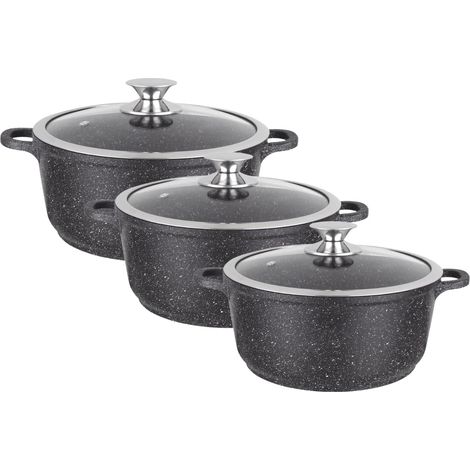 Set 3 Faitouts 20/24 / 28 cm - Fonte d'Aluminium - Revêtement Type Pierre - Couvercles en Verre - Tous Feux dont Induction - Sans PFOA - 0008169, Noir (1/5)